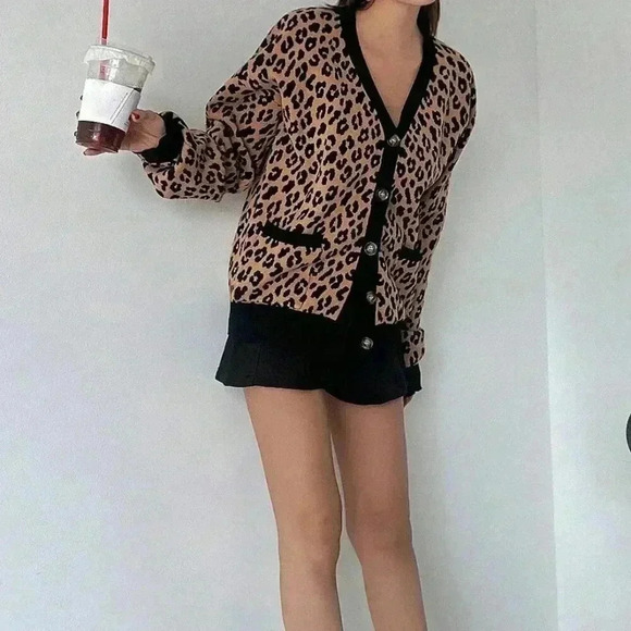 Brown Casual Women's Loose Fit Leopard Print Open Front Cardigan - Picture 2 of 6
